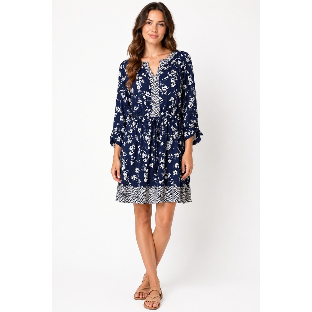 DR2 by Daniel Rainn Navy Blue Floral Print Long Sleeve Mini Dress Small